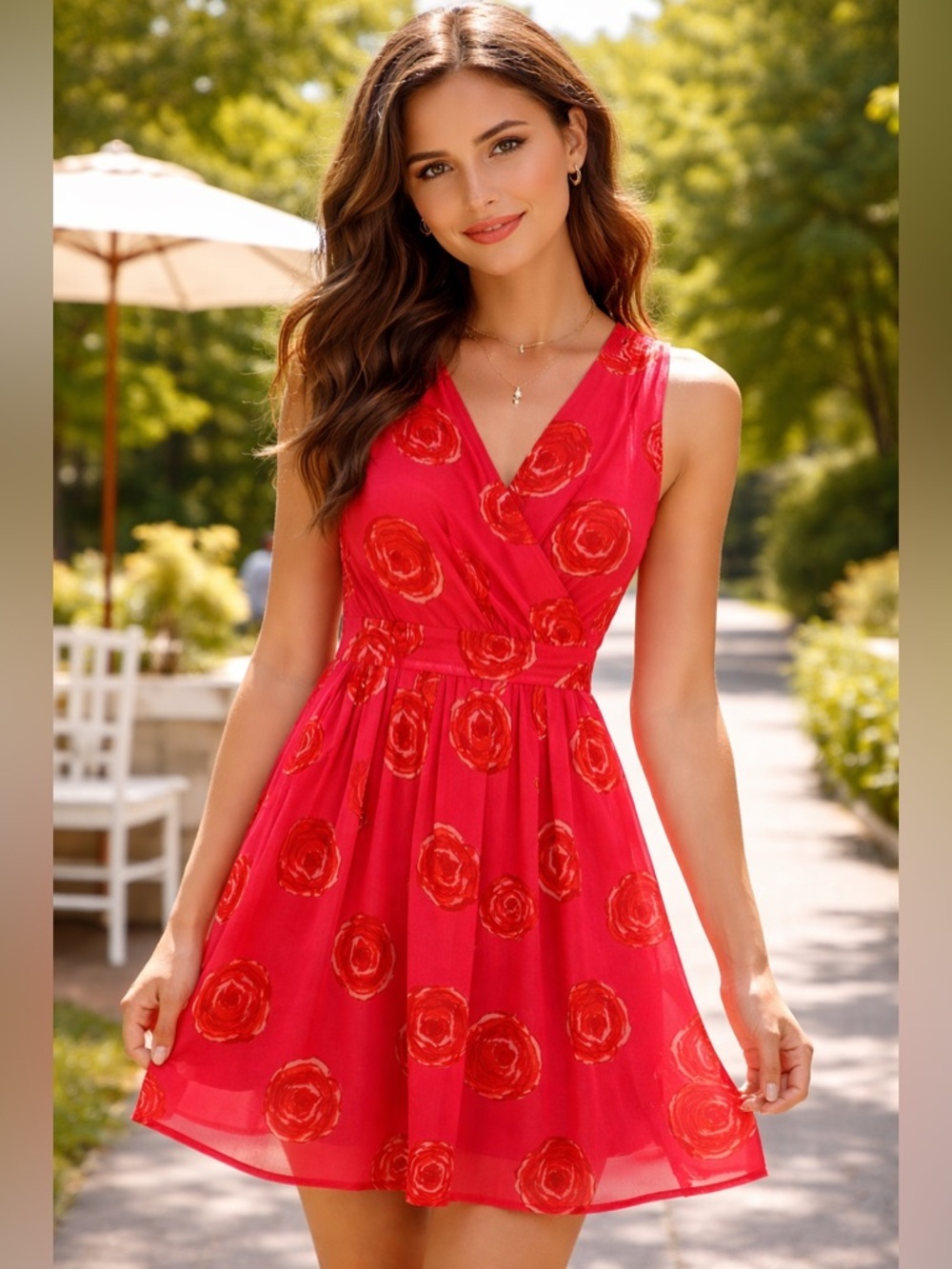 TWIK Boho Feminine Pink Chiffon Dress Red Floral Print Sz Lg Concert Classy EUC